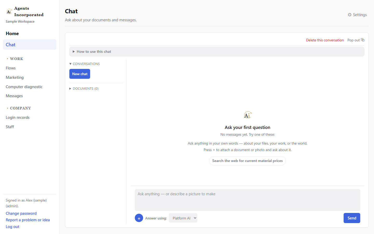 Chat screen with a staff assistant and message box