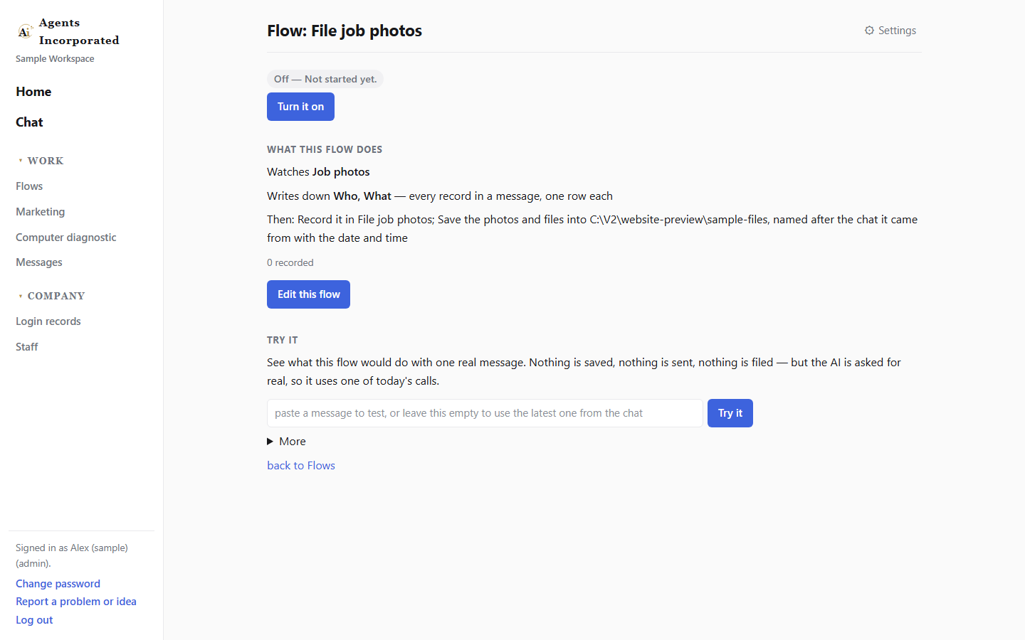 File job photos flow showing a plan to record every entry in a message