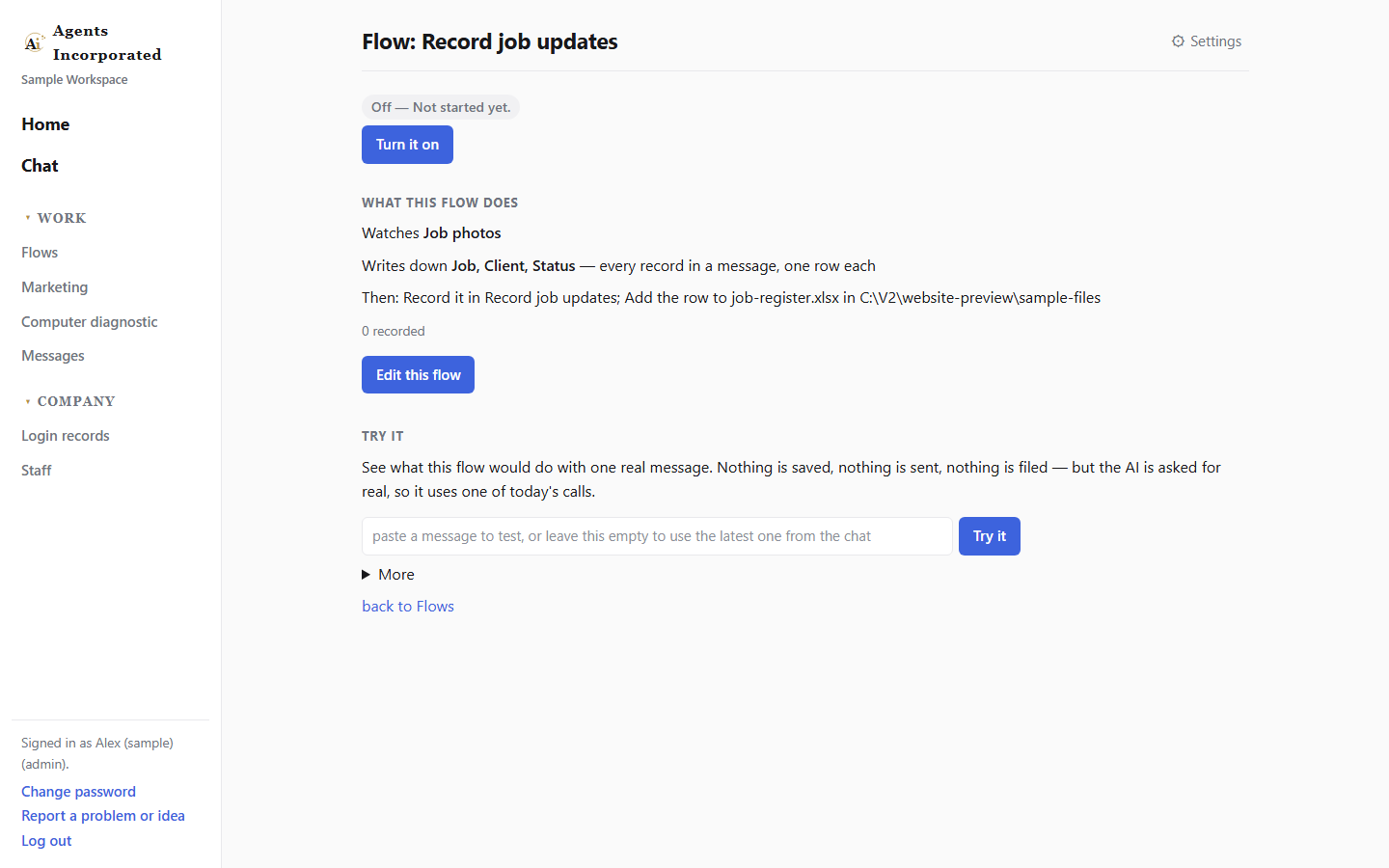 Record job updates flow showing an Excel file as the destination